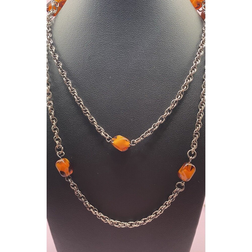 925 Sterling Long Necklace Amber Tone Glass Beads Station Chain 30”